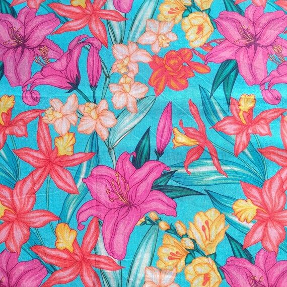 44" Floral Colorful Turquoise Printed cambric cotton fabric by the yard, casual daily wear clothing, crafting  sewing summer dress, quilting