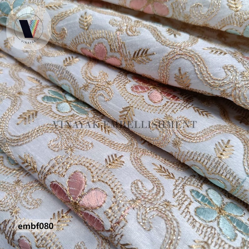 44 Gold Zari Thread Sequins Embroidered Dupioni Fabric, Jacket Sherwani