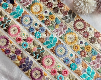 9 yards 4 cm Beige Floral Multi color Embroidered Sari fabric border ribbon Indian galon guitar belt sewing Junk Journal pasamaneria, renda