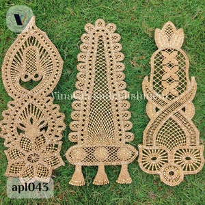 Big size Beaded knitted gold Appliques, Embroidered Ethnic Indian sew on appliques, decorative jacket, chair embellishment, Craft Supplies