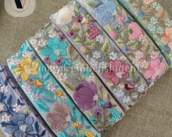 9 yard 5,5 cm bloemen Multi kleur draad tule geborduurde trim Indiase Sari lint knutselen naaien, Pandora Hat-sieraden maken, tasriemen