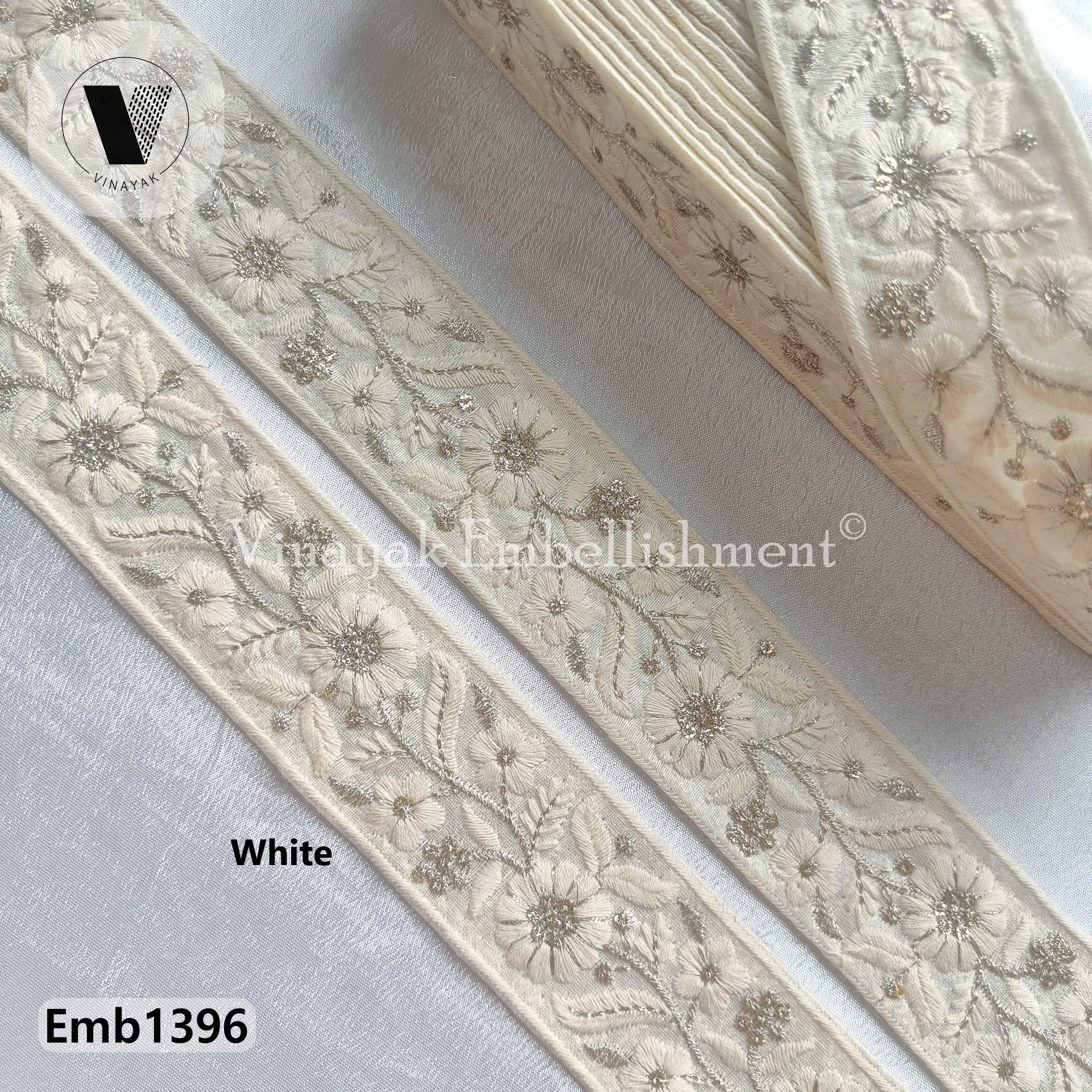 4.5 Cm White Black Floral Cotton Thread Embroidery Indian