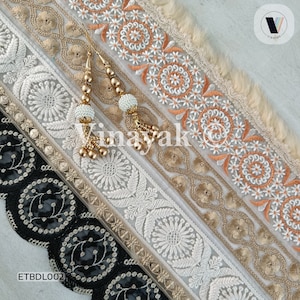 6 pc by the yard floral beige black Embroidery Trims Remnants Unique grab bag Decorative sewing crafting trim, Junk Journal scrapbooking