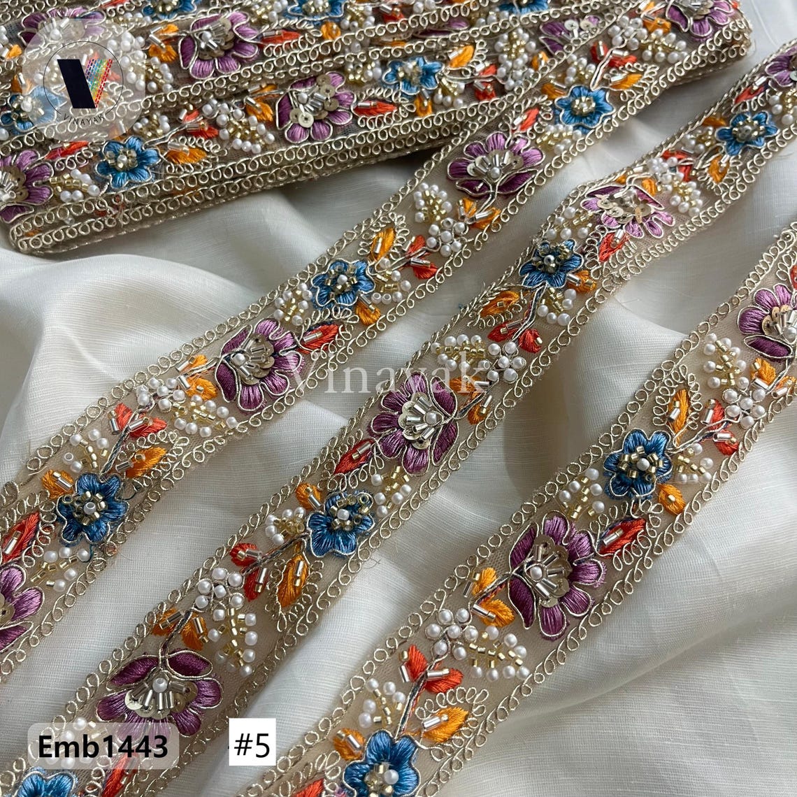 Multicolor 3 Cm Wide Golden Thread Beaded Pearl Moti Handwork Embroider ...