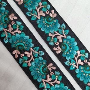 2.25&quot; Black multicolor Embroidered sari fabric trim jewelry making, sash belt, jeans jacket embellishment, boho bag belt, upholstery trim