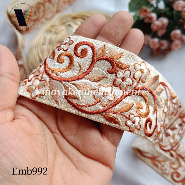2" Beżowe, rdzawobrązowe, kwiatowe, indyjskie hafty, Junk Journal, tworzenie woreczków na biżuterię, obramowanie zasłon, opaska na kapelusz, opaska na głowę, wykończenie paska