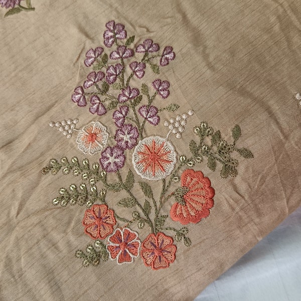 44" Floral Beige Multicolor Embroidered on viscose fabric, cushion cover, boho bag, wedding Party wear lehenga dress fabric, kimono kaftan