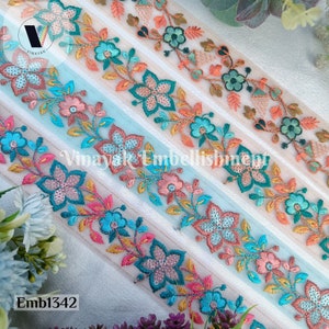 4 cm Floral Multi color Embroidered sari fabric ribbon, Purse bag strap belt DIY crafting sewing, hatband-jewelry making, hairbow ribbon