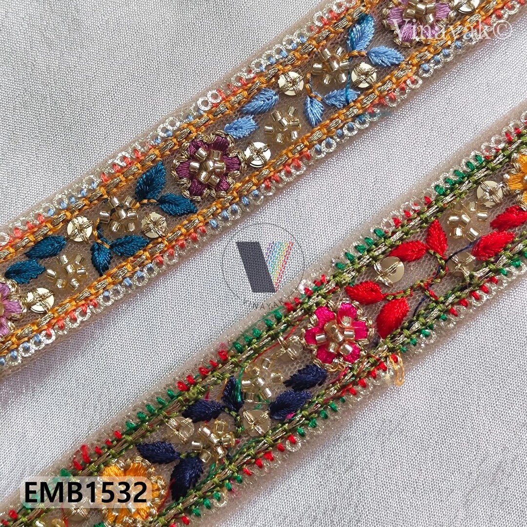 2.5 Cm Wide Multicolor Thread, Beaded Pearl Moti Handwork Embroider ...