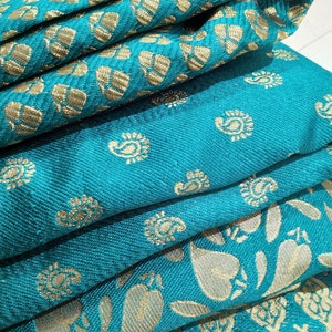 48&quot; Teal Green Brocade fabric by yard, Indian floral Art silk Brocade, Pouch making, pillow cover crafting sewing Junk journal, backdrop