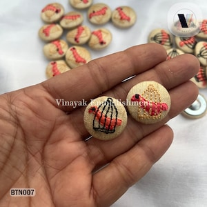 2 cm 6 pc Bird in Cage beige Embroider thread button, Boho Fancy fabric covered buttons haberdashery Sew-on Cabochon, for garment clothing