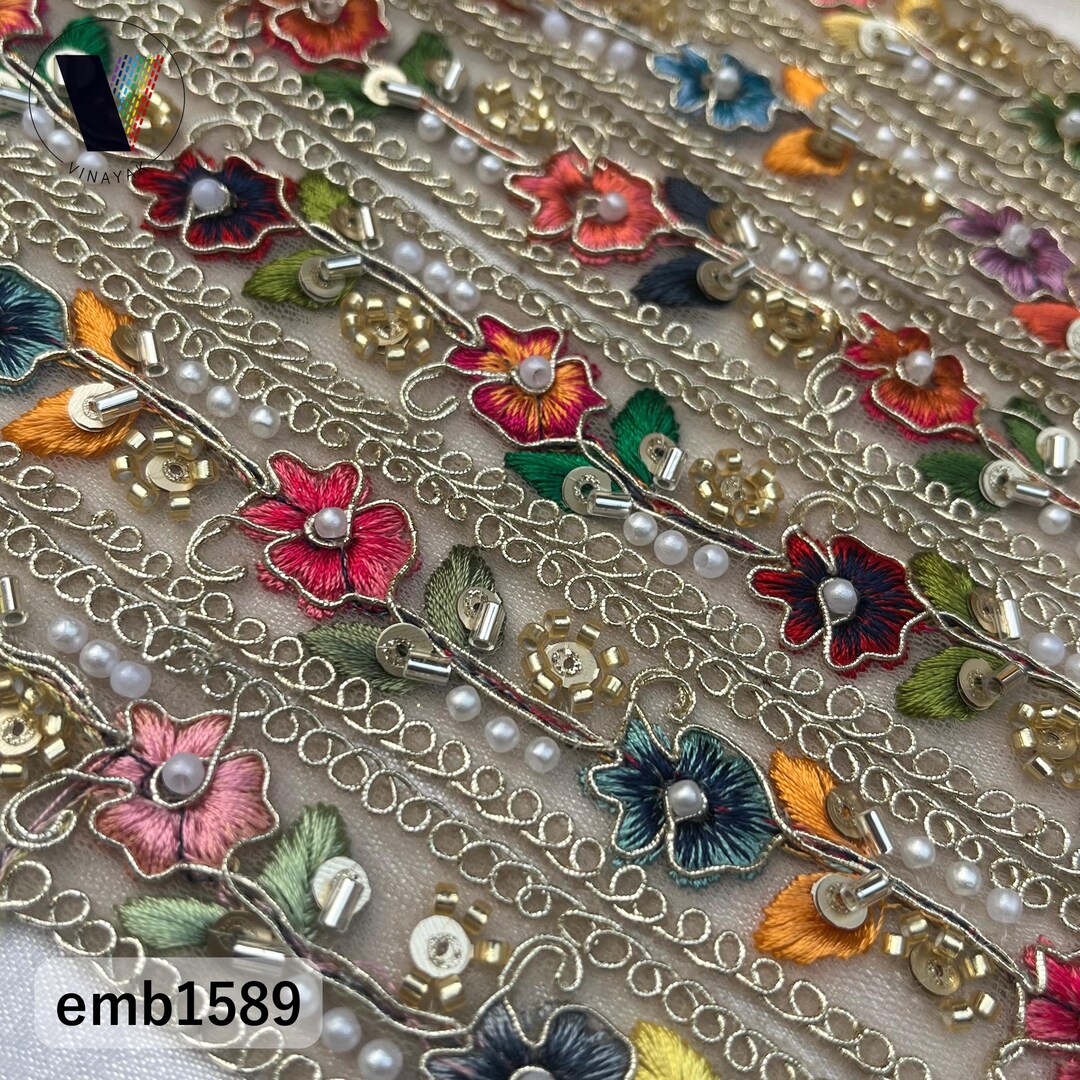 Multicolor 2.5 Cm Width Golden Thread, Beaded Pearl Moti Handwork ...