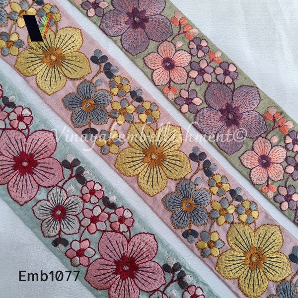 1 yard 2.25" Floral Multi color Embroidery fabric ribbon Bohemian bag strap belt Costume dress trim Junk Journal sombrero hatband, headband