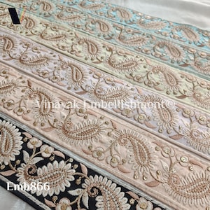 2.25&quot; Beige Cream Sequins Embroidered fabric trim jewelry- sewing project, jeans jacket embellishment, boho bag belt, headband, hat making