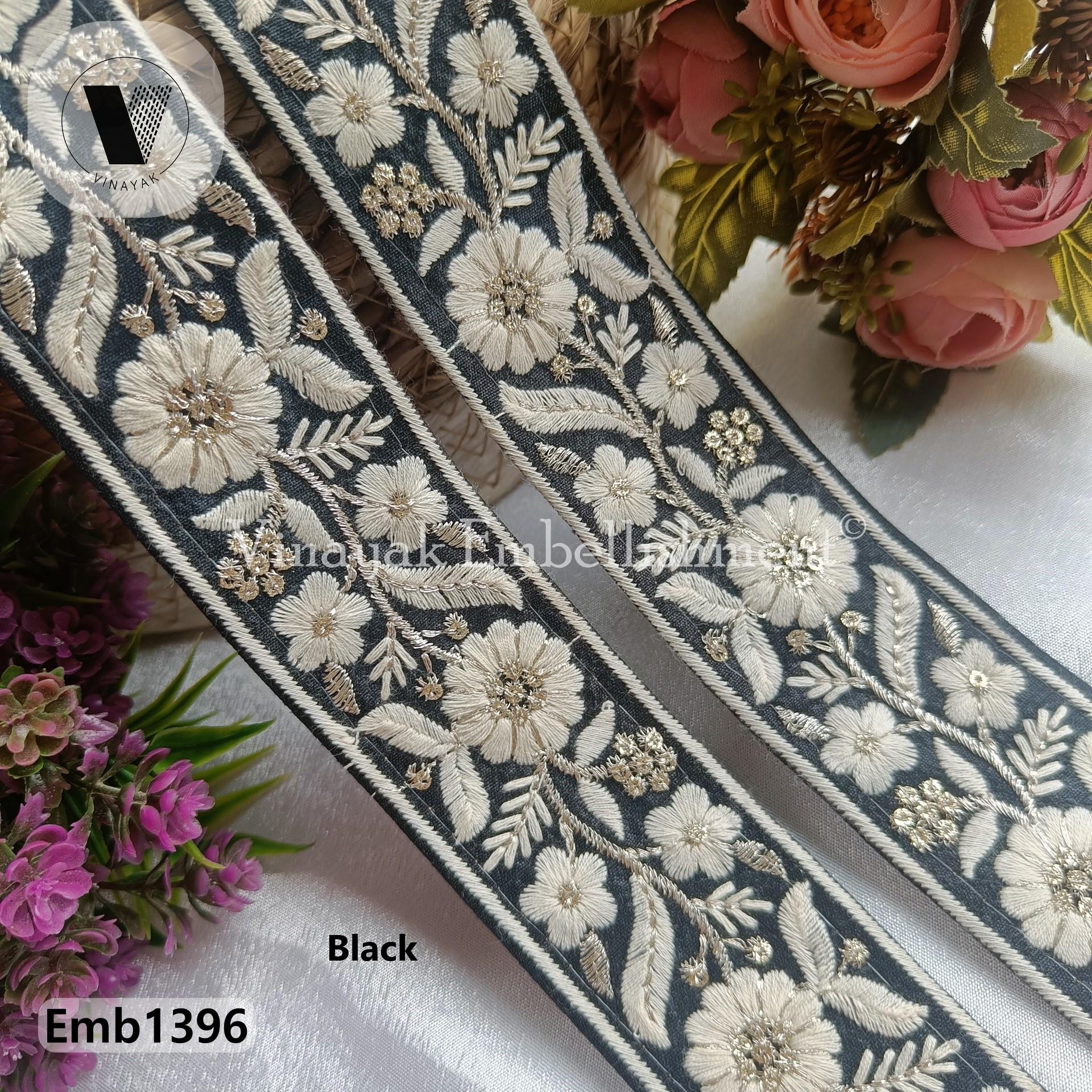 4.5 Cm White Black Floral Cotton Thread Embroidery Indian