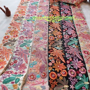 9 yard 3&quot; floral Embroidery parsi gara Trim Sari Border, Decorative Indian embroidered trim, bag crafting sewing curtain border, guitar belt