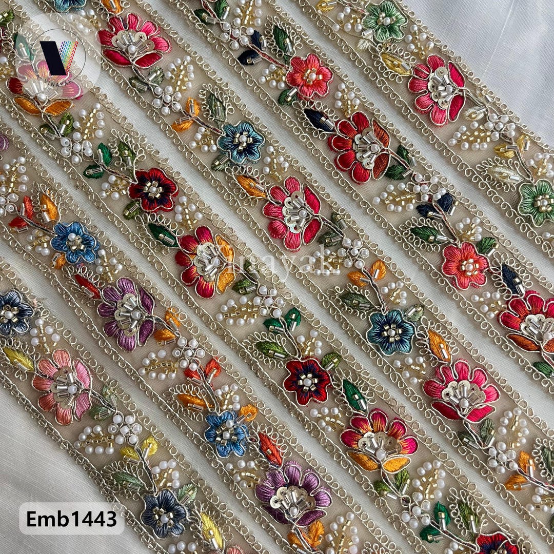 Multicolor 3 Cm Wide Golden Thread Beaded Pearl Moti Handwork Embroider ...