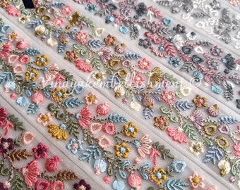 1.5" Floral Multicolor thread Indian Embroidery ribbon, decorative guitar Bag belt crafting sewing hatband hairband jewelry accessories
