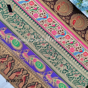 Cinta Jacquard tejida étnica india de 3 yardas (2,25"-4") con ribetes dorados, acolchado loco, proyecto de costura de cinta para diadema con lazo, encaje con borde de sari Banarasi