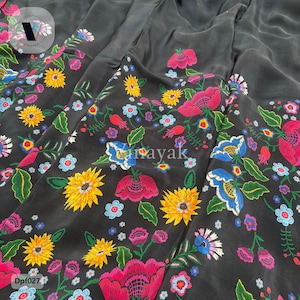 44&quot; Black Multi color Bright Floral Pure crepe printed fabric, Sewing dress scarf, costume fashion fabric, Backdrops, lehenga, kimono kaftan