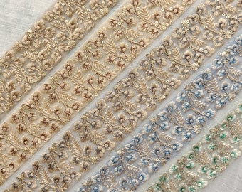 1.75&quot;  Beige Pastel Embroidered trim by yard Decorative Sari Border ribbon embellishment jewelry bag making crafting Junk Journal