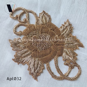 A Beaded gold Appliques, Hand Embroidered Ethnic Indian sew on decorative appliques, Indian Motif, Craft supplies jacket jean embellishment