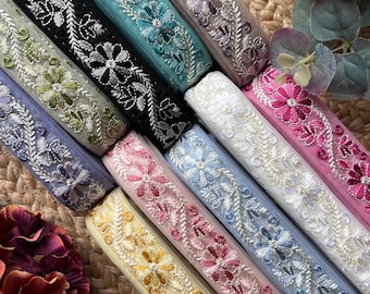 Floral Embroidered Tulle Ribbon Trim 3cm Wide | Decorative Mesh Lace Trim by 9 Yards | Sewing, Dressmaking, Bridal & Craft Ribbon