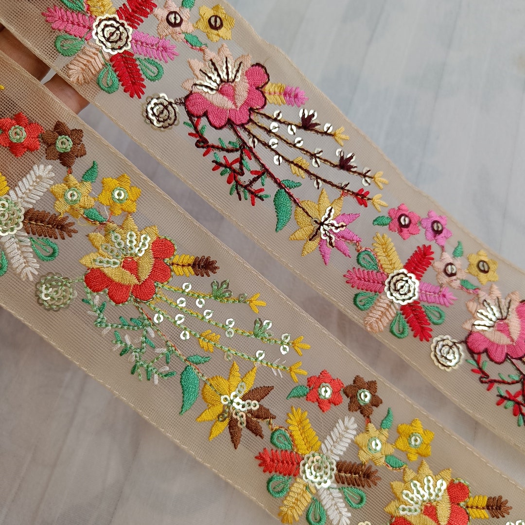 2.25 Floral Multi Color Embroidered Net Mesh Ribbon - Etsy
