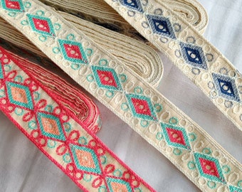 Boho chain stitch thread Embroidered trim,Intricate Multicolor Embellishment trim,sewing -Junk Journal-scrap booking-curtain border