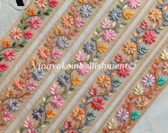 1.25" Floral Multi color Embroidered Indian Net Mesh ribbon, Boho bag strap belt DIY crafting sewing ,hatband, jewelry making, hairband-bow