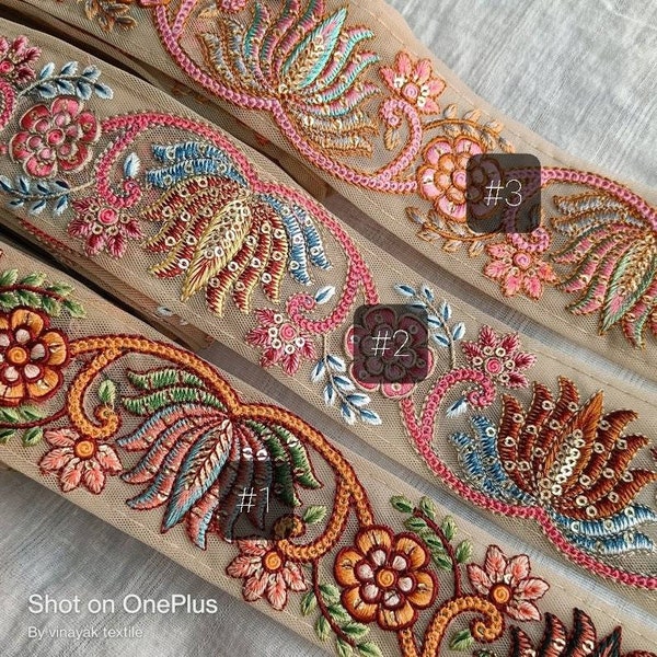 2" Lotus Multi color Embroidered Sari fabric trim, Indian Galon, Boho Embellishment trim ,DIY crafting sewing Junk Journal, jewelry making