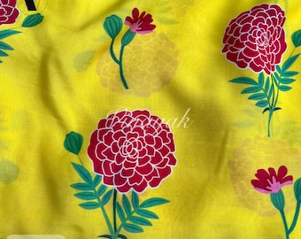 44" Lemon Yellow Colorful Floral Print Muslin Silk fabric, Kimono-Kaftan-Sari making Sewing fabric, Photo shoot, lehenga suit fashion fab