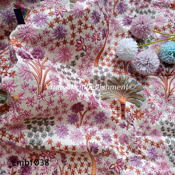 44" Beige Multi color Embroidered dupioni fabric, lehenga wedding dress fabric, Sewing project, cushion cover fabric, wedding gift bag