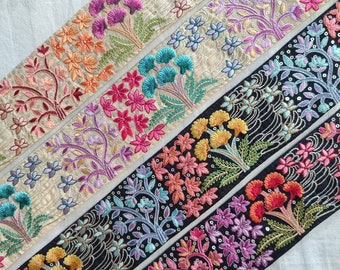 2.5" Floral Multi color Embroidered Sari fabric border ribbon Indian trimming guitar belt crafting sewing boho bag jacket embellishment