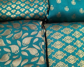 48" Teal Green Brocade fabric by yard, Indian floral Art silk Brocade, Pouch making, pillow cover crafting sewing Junk journal, backdrop