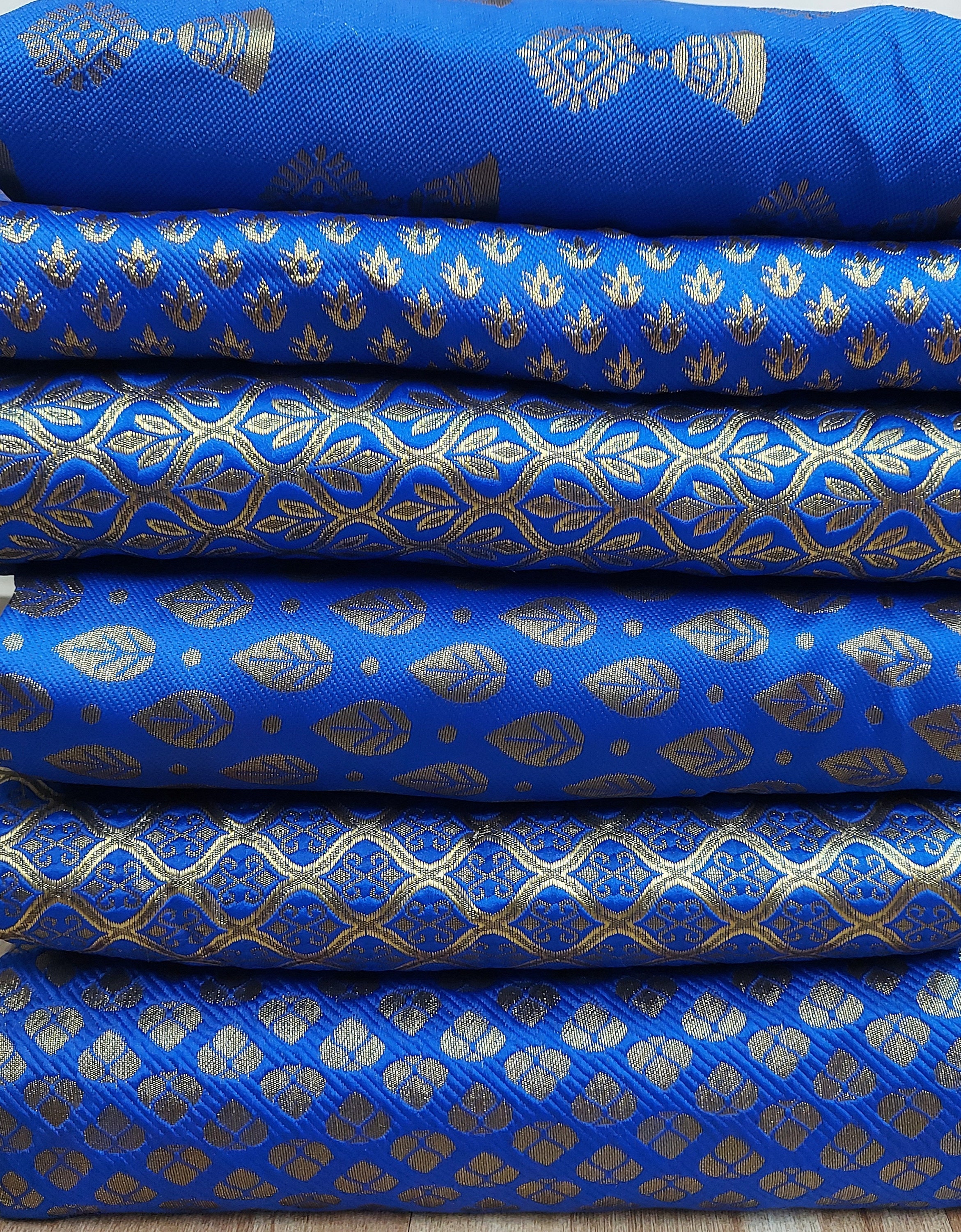 Royal Blue Gold Brocade Fabric by Yard,indian Mix Pattern