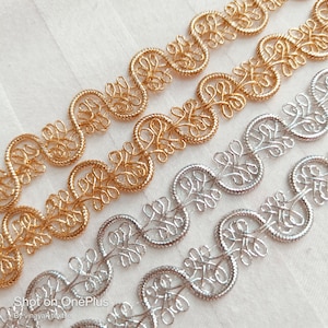 4 yard 1.5cm Gold Silver Braided metallic thread edging trims, sari scarf ribbon tapes, sewing trims, Junk Journal, lehenga dupatta border