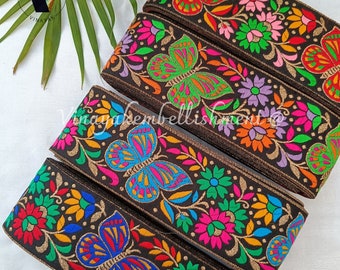 2.750" Black multi color Butterfly pattern woven Jacquard ribbon sewing crafting, curtain border, Pouch bag belt, fedora hat trim, sash belt