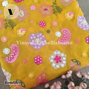 44" Mustard Yellow Multicolor Embroidery Georgette fabric, embroidered sari silk,Party wear , wedding lehenga dress fabric, Sewing project