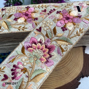 5 cm Beige Multicolor Embroidered sari fabric trims by yard fedora hatband-crafting sewing Guitar camera strap, headband, sash belt clothing