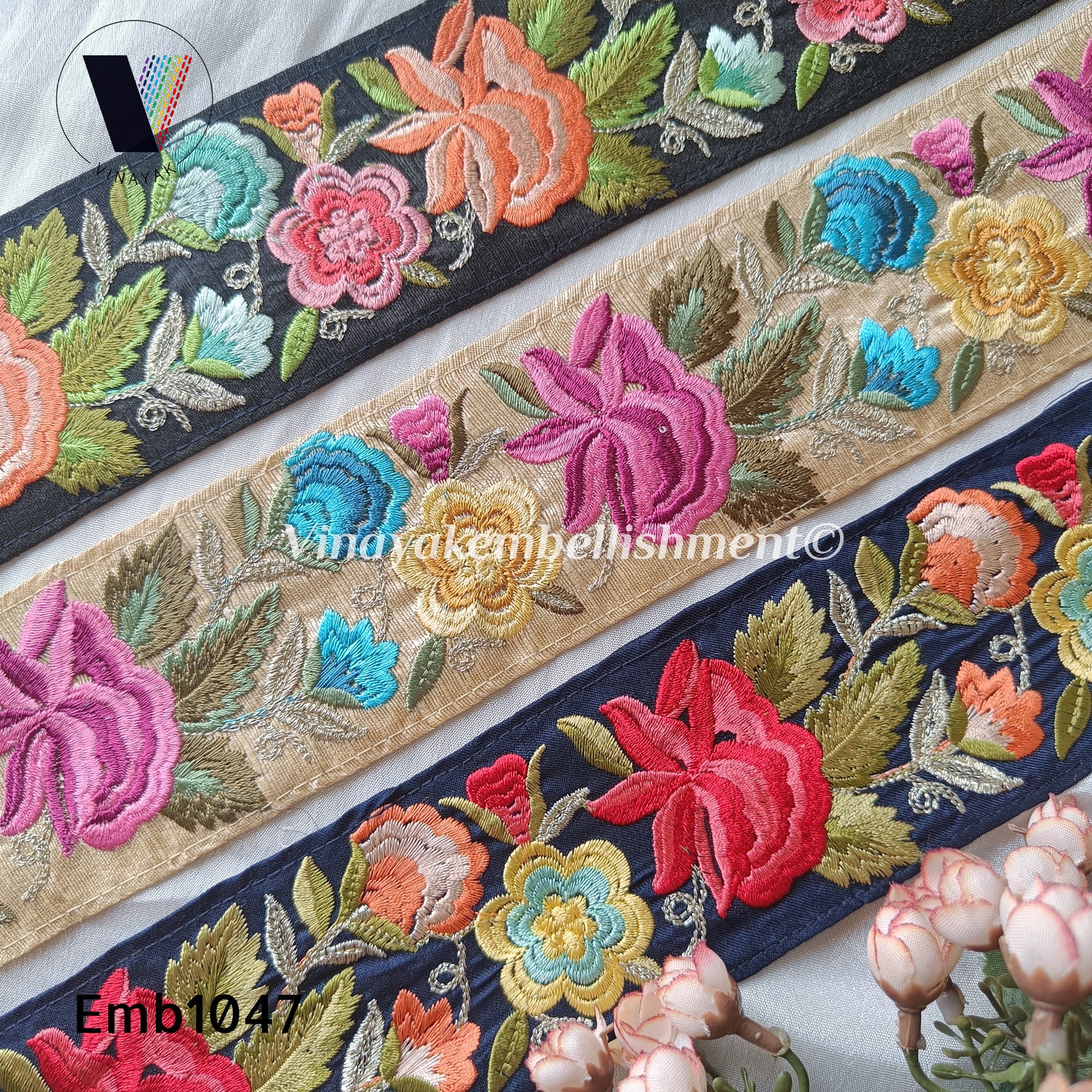 2.5" Black Beige Floral Multi color Embroidered fabric ribbon, Boho bag strap belt DIY crafting sewing sash belt, hatband headband trims