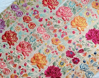 3.5&quot; Multi color Big Flower Embroidered Sari fabric border Indian ribbon tape galon guitar belt crafting sewing Junk Journal, pasamaneria