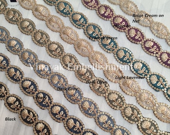 1&quot; Beige cream silk thread sequins Embroidery Sari Ribbon, Decorative trim, bag-jeans Embellishment, crafting sewing jewelry accesories make