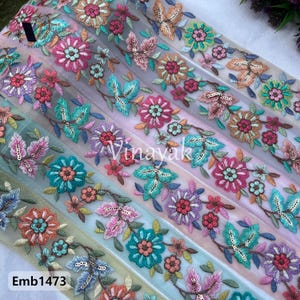5 cm Multicolor Pastel Embroidered sequin trim by yard, Sari Tulle ribbon, jewelry making crafting sewing trim, Hairbow, Headband, bag strap