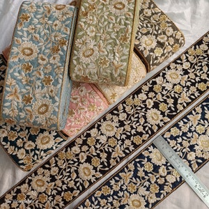4&quot; Pastel ivory gold Embroidered fabric trim Indian Saree Border-DIY sewing Junk Journal, Hat-jewelry making, pasamaneria, bag belt