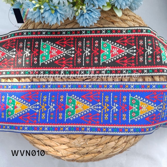 2.5" Black Blue multi color woven trims Jacquard ribbon, Mexican pattern, sewing crafting, headband, boho bag belt, fedora hat accessories