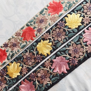 3&quot; Beige/ Black Floral Multi color Embroidered Sari Border fabric trim, Embellishment crafting Junk Journal,jewelry making