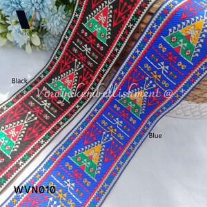 May include: Two fabric trims with geometric patterns. The trim on the left is black with red, green, and silver accents. The trim on the right is blue with red, green, yellow, and silver accents. The text "WVN010" is visible in the lower left corner of the image.