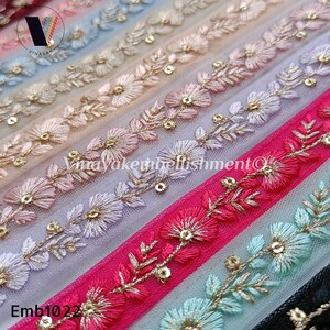 0.75&quot; Floral Gold metallic sequins Embroidered narrow ribbons, Boho bag belt, DIY crafting sewing jewelry making headband, hatband bow trim