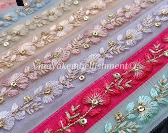 9 yards 0.75" Floral Gold metallic thread Embroidered ribbons, Boho bag belt, DIY crafting sewing jewelry making headband, hatband bow trim